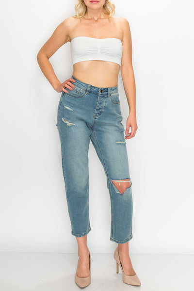 Vintage Wash Knee Cut Straight Jeans
