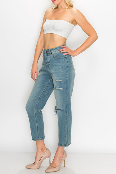 Vintage Wash Knee Cut Straight Jeans