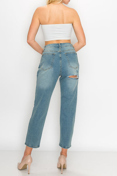Vintage Wash Knee Cut Straight Jeans