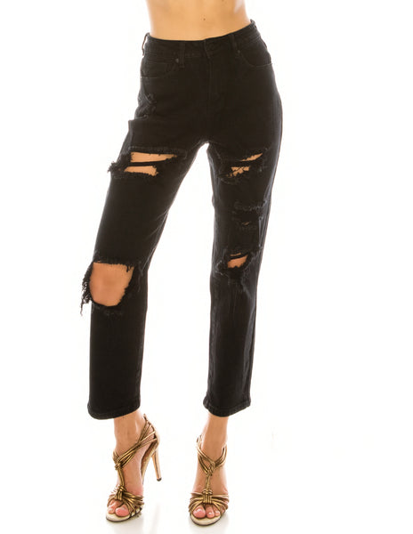 High Rise Loose Fit Black Color Destroyed Jeans