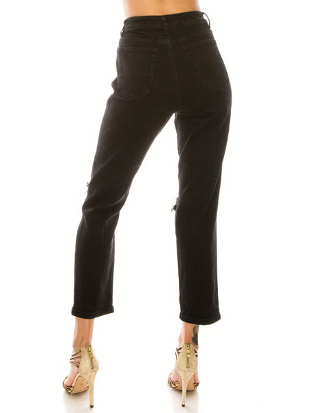 High Rise Loose Fit Black Color Destroyed Jeans