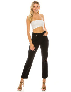 High Rise Loose Fit Black Color Destroyed Jeans