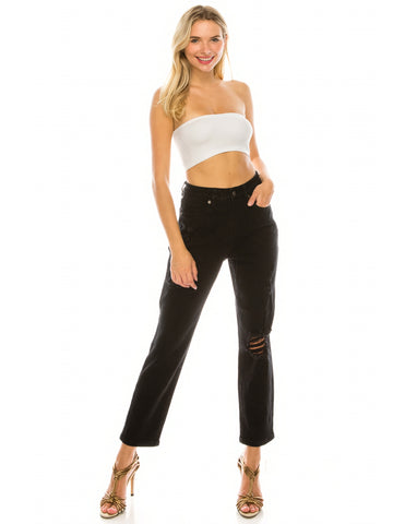 High Rise Loose Fit Black Color Destroyed Jeans