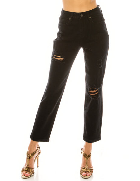 High Rise Loose Fit Black Color Destroyed Jeans